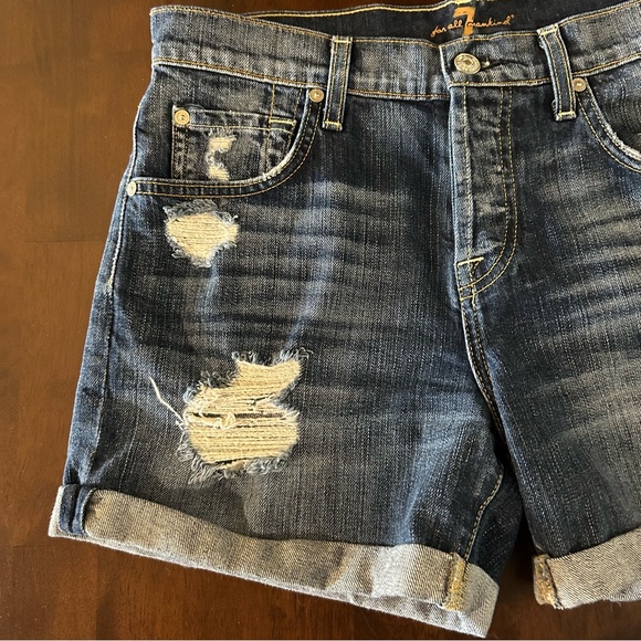 7 For All Mankind Denim Shorts Medium Wash Distressed Button Fly Shorts Size 26 - Picture 8 of 16